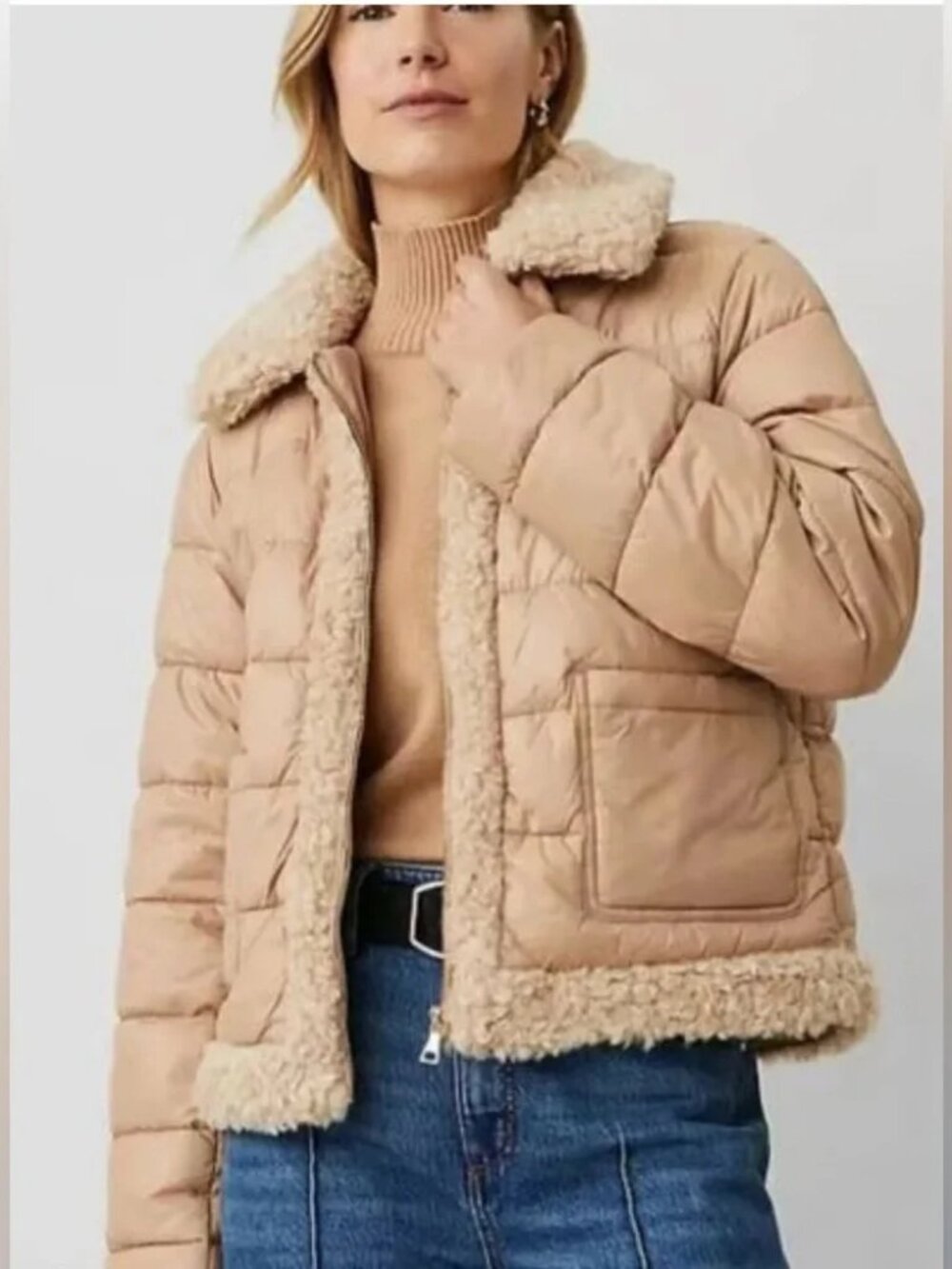 Ann Taylor Weekend Sherpa Trim Puffer Jacket NWT Size M